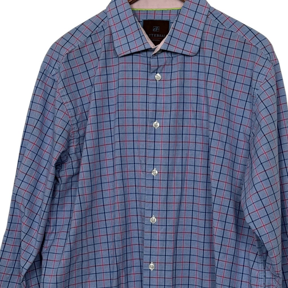 Tattersall London Men's Dress Shirt 17.5 34/35 Blue Pink Plaid Button Front